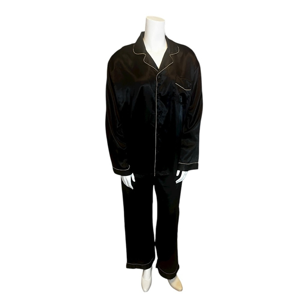 Alexander Del Rossa Black Satin Pajama Set with Gold Piping, L